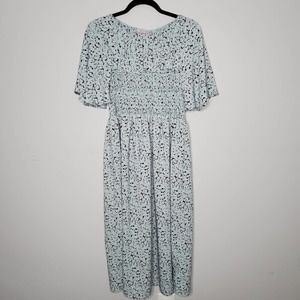 CES FEMME Baby Blue Floral Print Smocked Short Sleeve Midi Dress Sz Medium M